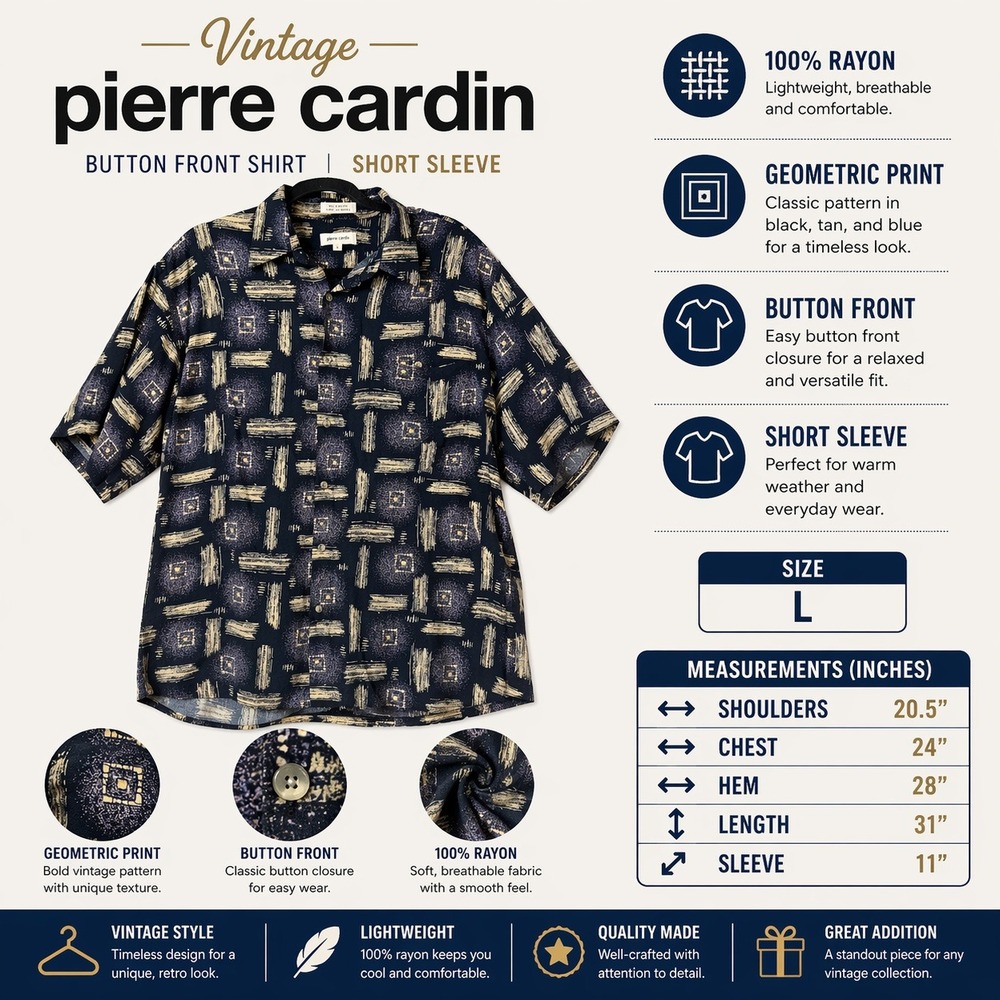 Pierre Cardin Mens Large Rayon Short Sleeve Button Up Shirt Abstract Print Black